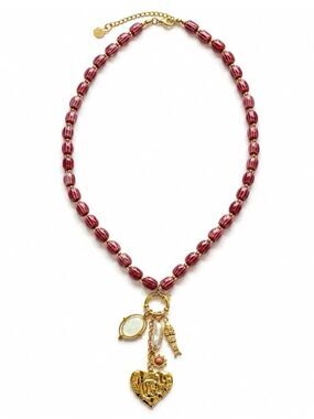 Gold Charm Necklace with Burgundy Ceramic Beads (fish, heart, freshwater pearl)